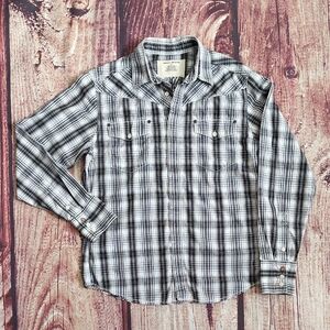 DKNY Mens Embroidered Back Western Style Plaid Long Sleeve Shirt